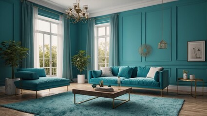 Fototapeta premium Luxurious teal living room setting with elegant furniture and decor