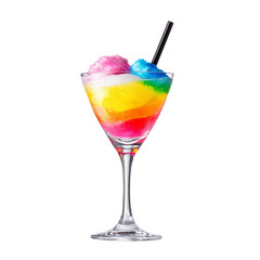 Rainbow layered cocktail in a martini glass with a straw on a transparent background.