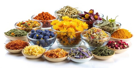 Vibrant assortment of dried herbal teas, including linden, calendula, cornflowers, marigold, tansy, and tea rose, isolated on white, evoking a soothing tea party atmosphere.