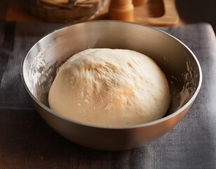 Fototapeta premium close up artisanal yeast dough resting in metal tray on the kitchen table 