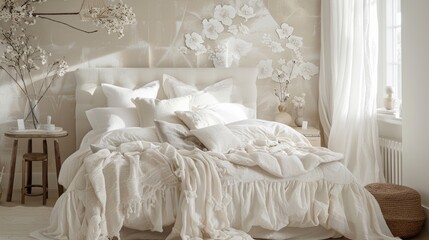 A romantic and dreamy bedroom featuring soft billowing fabric wallcoverings in ivory evoking a fairytalelike ambiance.