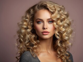 Fototapeta premium Portrait of a Young Woman with Long Blonde Curly Hair