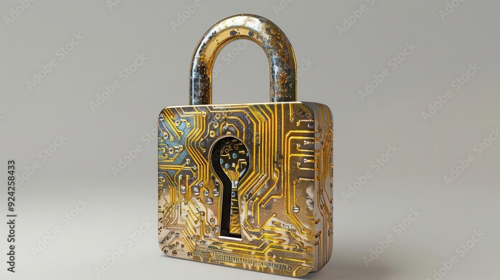 Poster golden padlock featuring intricate circuit patterns, symbolizing security and technology in a digita