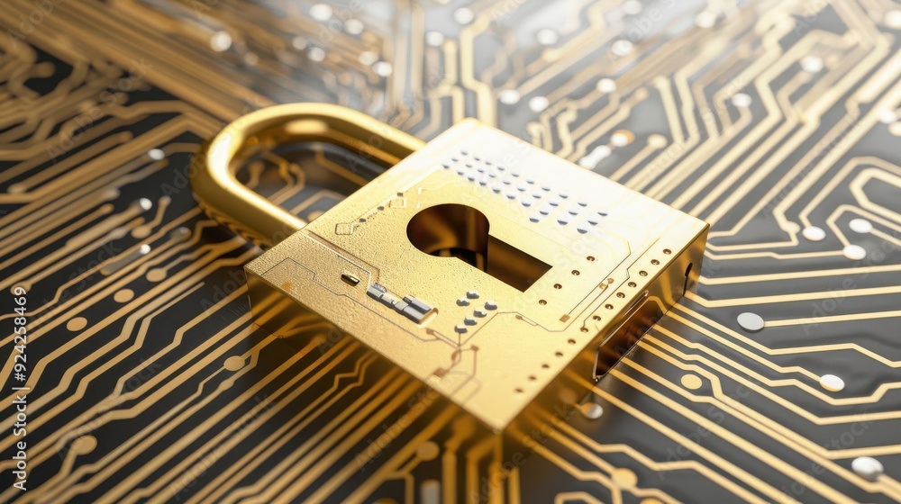 Poster golden padlock resting on a circuit board, symbolizing security and technology digital age.