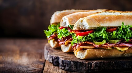 Delicious hoagie sandwiches on a wooden table.