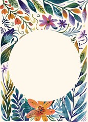 A illustration featuring an empty circle with a border of simple watercolor foliage and flowers. The cream-colored background contrasts with the colorful leaves.