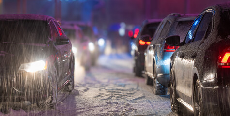 blurred background with snowy night street in city with cars
