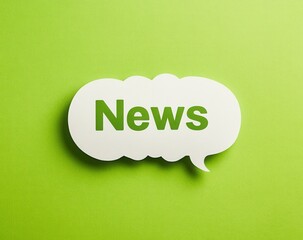 A white speech bubble floating containing the word News in it, on a green minimalistic background, notification status, professional render