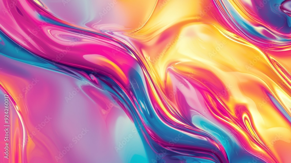 Poster vibrant, abstract image featuring colorful liquid flowing in smooth, wave-like patterns, creating a 
