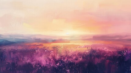 Fototapeta premium A serene landscape painting with a fluid blend of pastel pink lavenders and hues of orange as the sunset fades