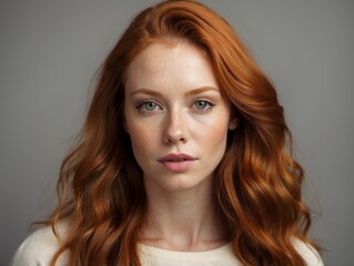 Naklejka premium Close-up Portrait of a Woman with Red Hair and Freckles
