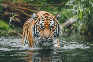 Naklejka premium Amur tiger walking in the water. Dangerous animal. Animal in a green forest stream