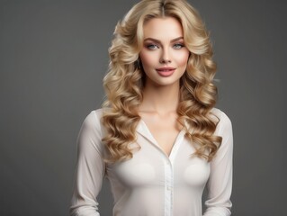 Naklejka premium Portrait of a Beautiful Woman with Long Blonde Curly Hair Wearing a White Blouse