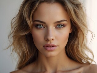 Fototapeta premium Close-up Portrait of a Young Woman with Blonde Wavy Hair and Blue Eyes
