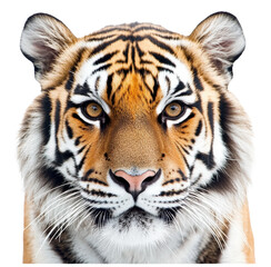 Obraz premium A close-up of a majestic tiger showcasing its striking features and vibrant fur in a natural setting, cut out - stock png.