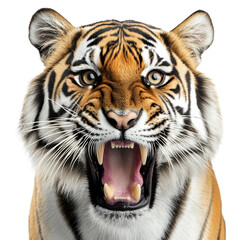 Fototapeta premium A roaring tiger displays its powerful presence against a white background, showcasing its vibrant fur and fierce expression, cut out - stock png.