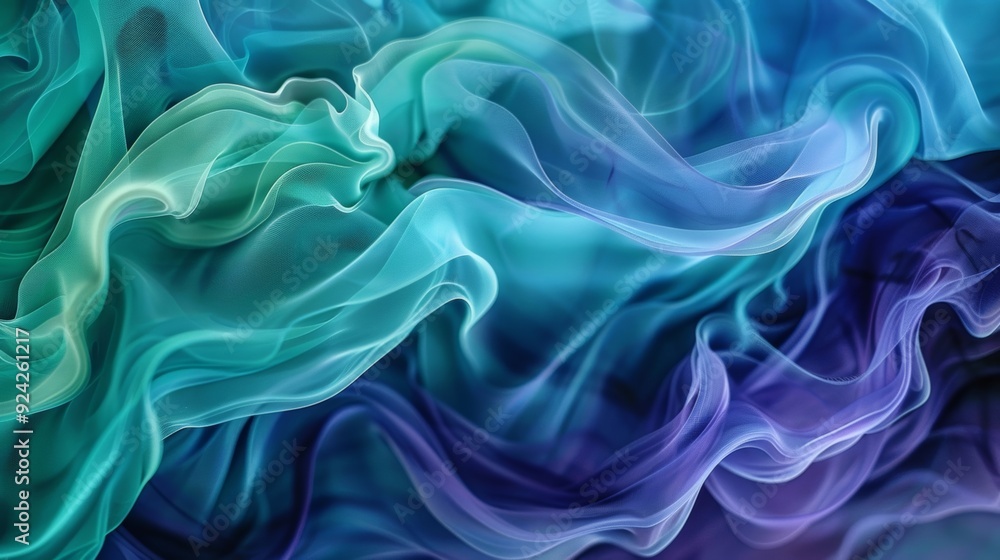 Poster fluid lines of blue green and purple ink flowing together in an almost wavelike pattern creating a s