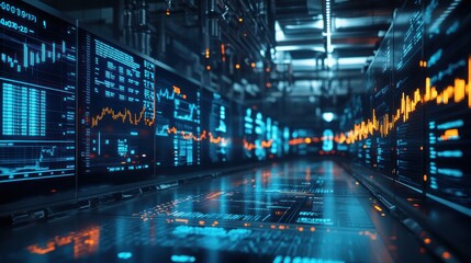Data Center with Screens Showing Financial Data