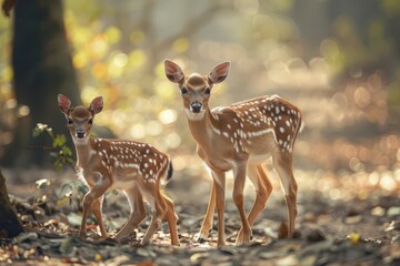 Baby deer walking with the mother in the wood, in the style