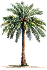 A palm tree painting depicting a terrestrial plant of the Arecales order, with a tall trunk and green grass at the bottom, set against a white background