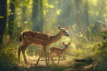 Baby deer walking with the mother in the wood, in the style