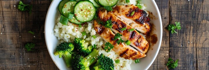 Aerial view of a Keto lunch bowl featuring grilled chicken, cauliflower rice, broccoli, and cucumber in a white bowl placed on a rustic wooden surface.