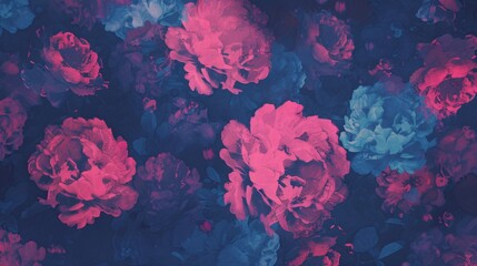 Fototapeta premium A vibrant floral pattern with pink and blue flowers on a dark background.