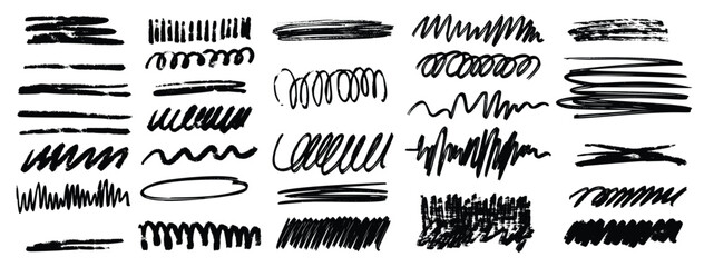 Charcoal scribble stripes and bold paint shapes. Children's crayon or marker doodle rouge hand drawn scratches. Vector illustration of horizontal waves, squiggles in marker sketch style