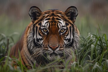 Obraz premium Bengal tiger sitting in grass, alertness in animal eyes