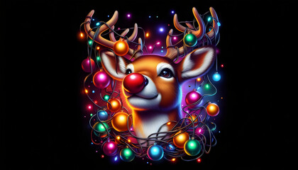 Adorable Rudolph Tangled in Colorful Christmas Lights - Perfect for Holiday Cards