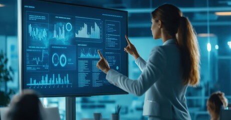 A female business professional presenting a digital report in front of a screen with graphs, charts and data visualization lines in a professional office setting, technology and stability concept