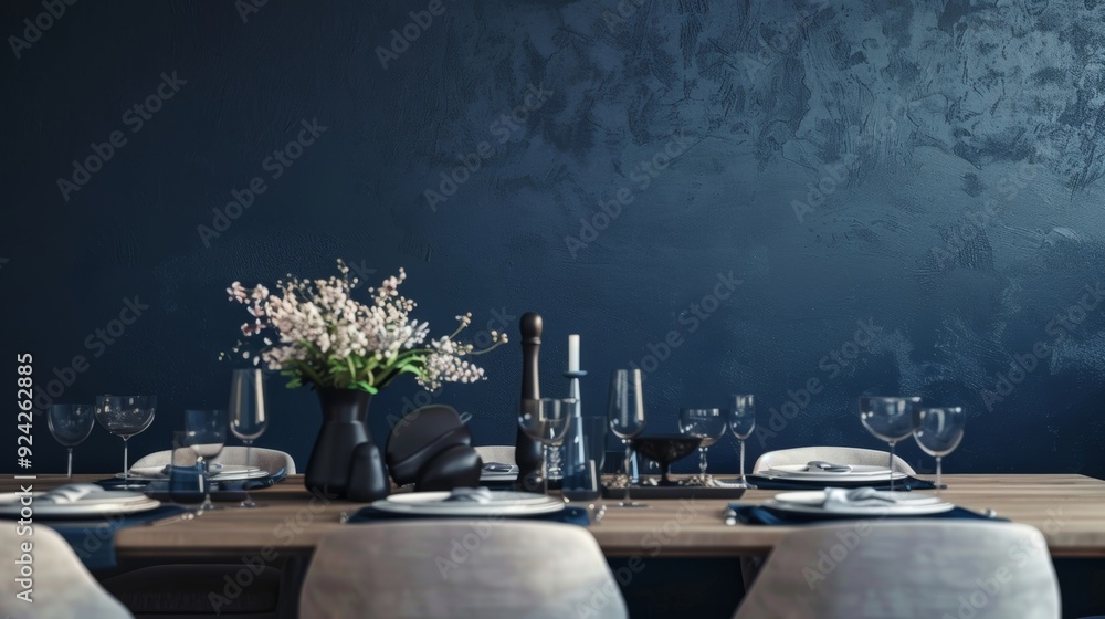 Poster moody and dramatic this dining room features deep navy textured paint on the walls creating a sophis