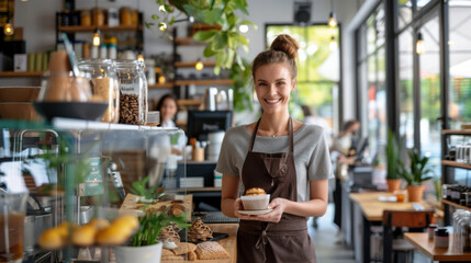 Fototapeta premium A cheerful barista with an apron, holding a dessert in a cozy cafe, surrounded by baked goods and plants.