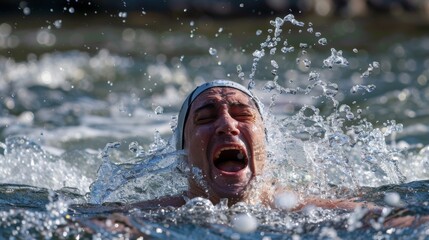 A swimmer emerges from the water gasping for breath and laughing with pure joy at the experience.