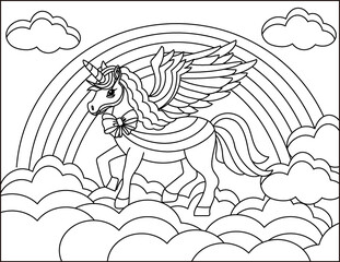 Coloring book of a unicorn walking on clouds and rainbows. © limegreen design