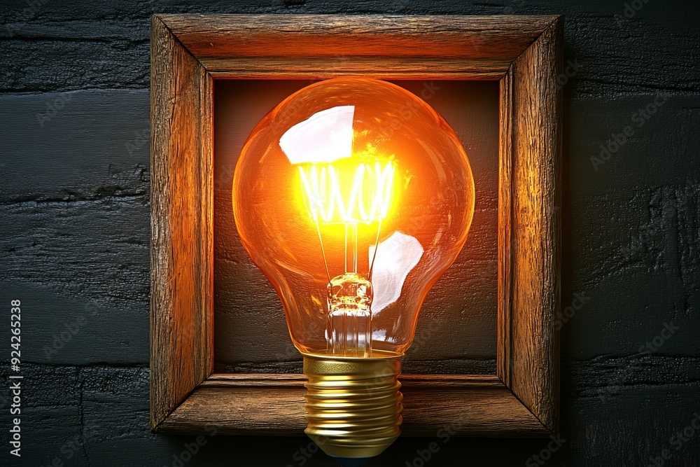 Poster illuminated light bulb in a frame symbolizing ideas innovation and enlightenment in a creative setti