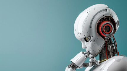 Naklejka premium A close-up of a futuristic humanoid robot in a thoughtful pose, representing advanced artificial intelligence and robotics technology.