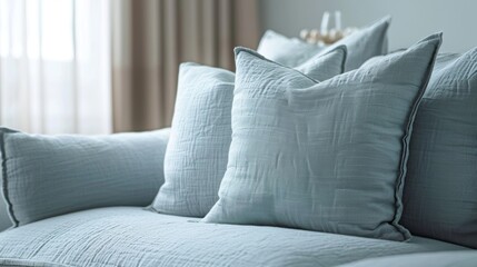 Obraz premium Adorned with a light gauzy fabric in a beautiful pale blue hue this sofa adds a touch of ethereal softness to any living space.