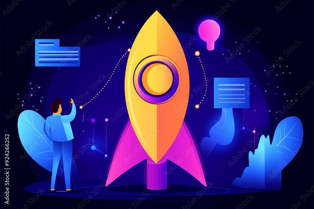 Poster colorful startup launch concept with rocket and abstract figures representing innovation and growth