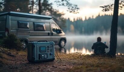 A small portable energy source or a power bank beside a camper van in a scenic beautiful autumn forest with a peaceful lake in front of it, camping vacation setting, professional photography