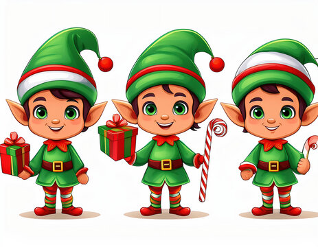 Vector illustration of Cartoon Christmas elves with candy cane and bell isolated on white background