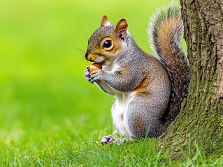 Obraz premium Curious Grey Squirrel Perched on Oak Branch Enjoying an Acorn, Nature's Delicacy. Wildlife and Forest Habitat in a Serene Setting.
