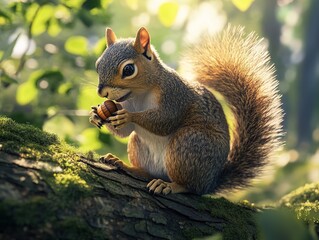 Obraz premium Curious Grey Squirrel Perched on Oak Branch Enjoying an Acorn, Nature's Delicacy. Wildlife and Forest Habitat in a Serene Setting.