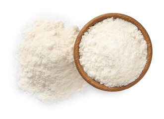 Fresh coconut flour in bowl isolated on white, top view
