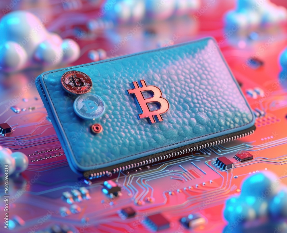 Poster bitcoin on electronic circuit board with clouds background modern technology and cryptocurrency conc
