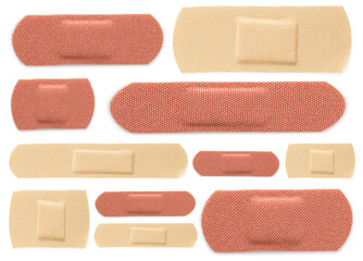 Many different medical plasters isolated on white, set