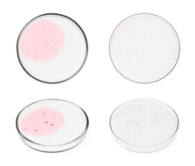 Set of Petri dishes with liquid samples on white background, top and side views