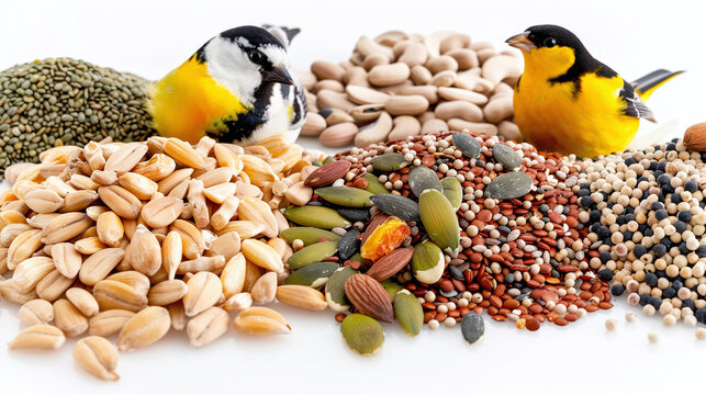 bird food products on a clean white background, including seed mixes, suet cakes, and nutritional supplements, perfect for online product listings