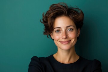 Obraz premium Attractive Business Lady With Short Hair, Smiling Warmly, Professional And Approachable