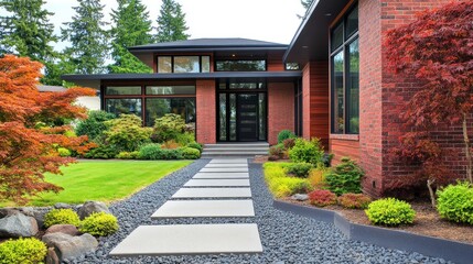 Obraz premium Modern home with brick exterior and stone pathway leading to the front door.